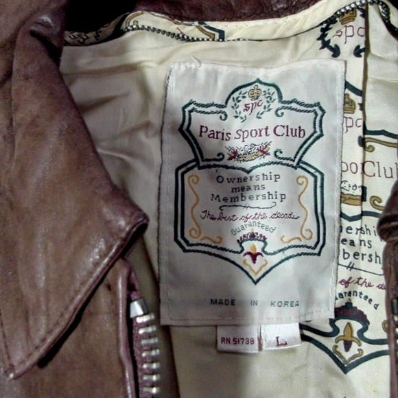 Vtg 80's Paris Sport Club Brown Leather Bomber Jacket Sz L - Picture 2 of 9
